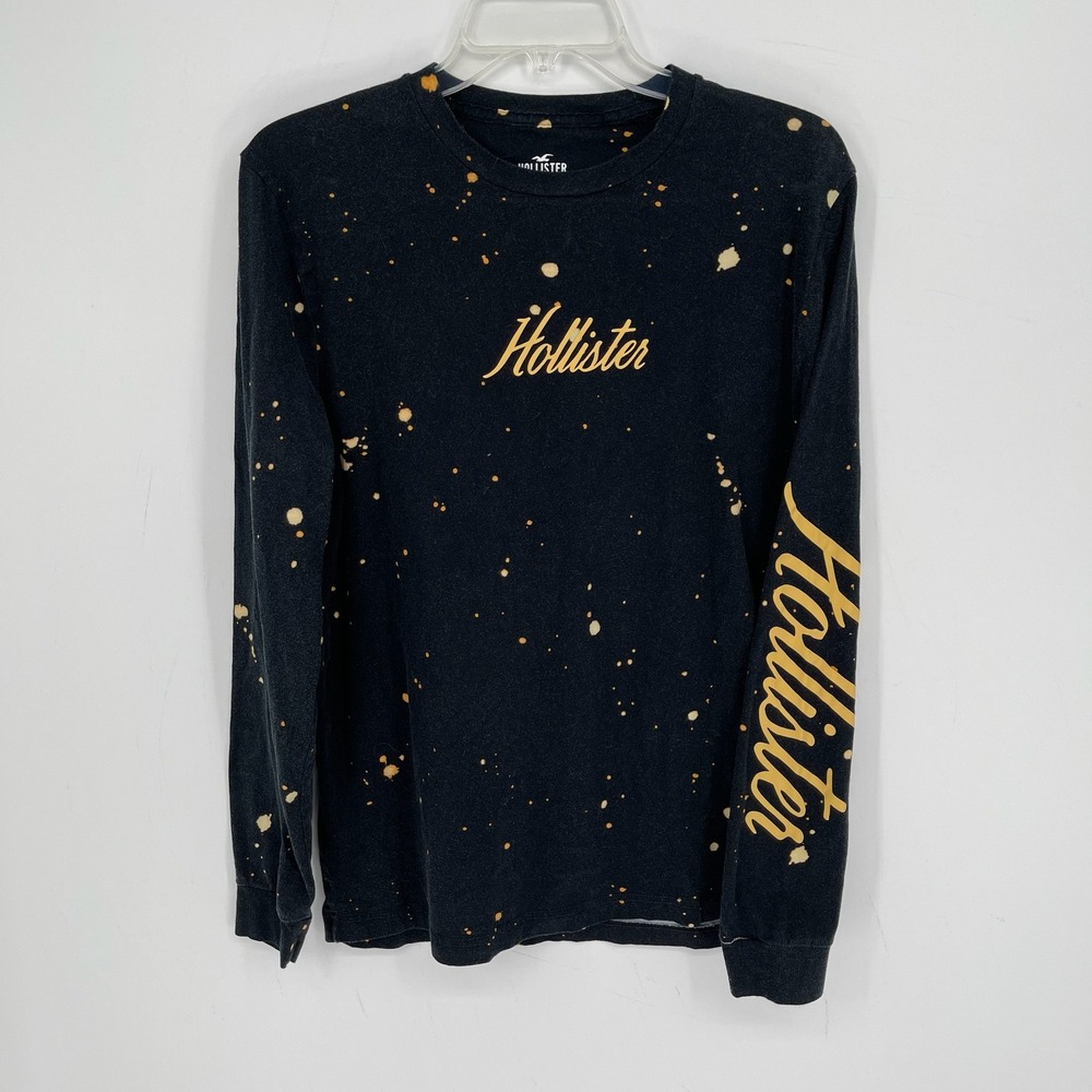 Hollister Men's Black Bleach Splatter Logo Graphic Long Sleeve Shirt Size M